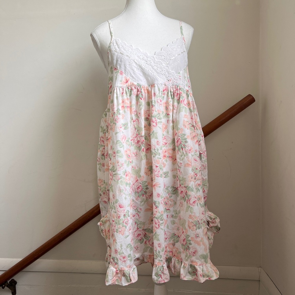 Vintage Floral Cotton Babydoll Dress Ruffle Oversized Nightgown Lace Empire Doll